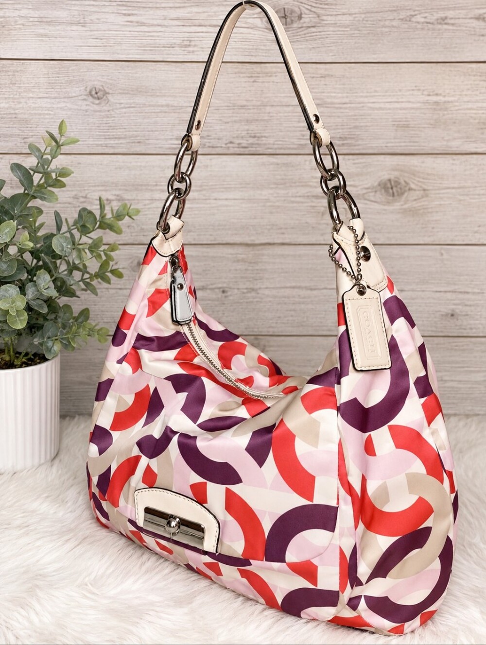 Coach Kristin Op Art Multicolor Chain-Handle Hobo Bag in Purple, Red, Cream